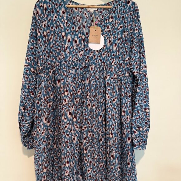Umgee Teal Mix Long Sleeve Babydoll Dress, Size Large - Picture 5 of 9